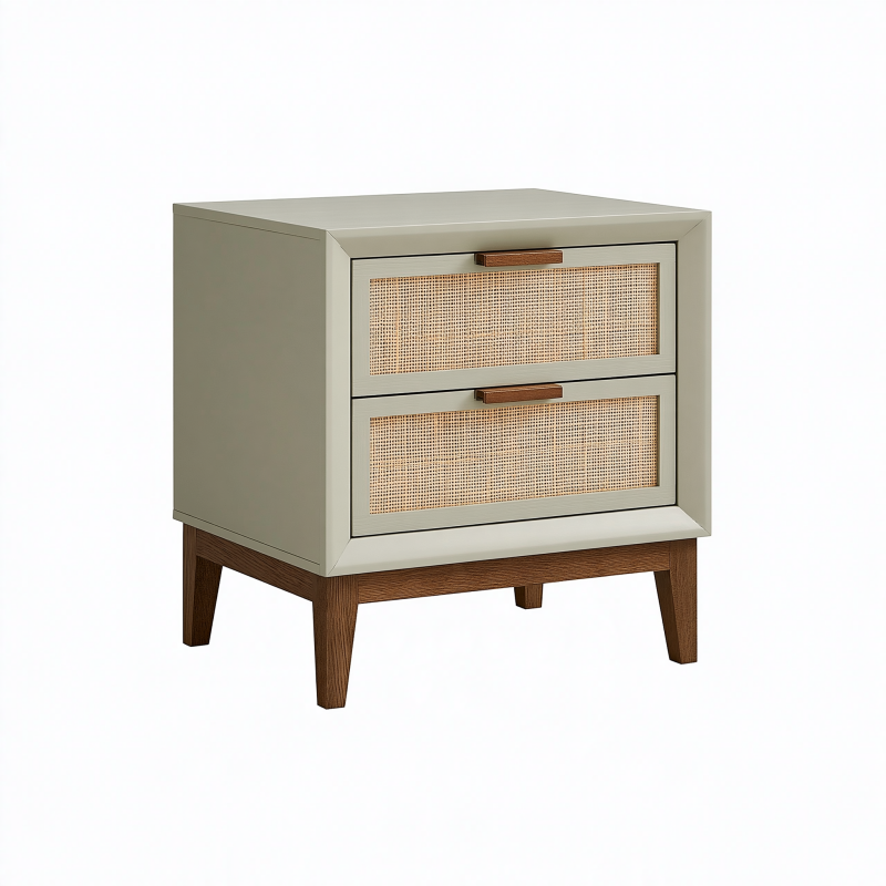 Nachttisch 60 x 40 x 65 cm mit 2 Schubladen aus Holz und Rattan in Beige Braun