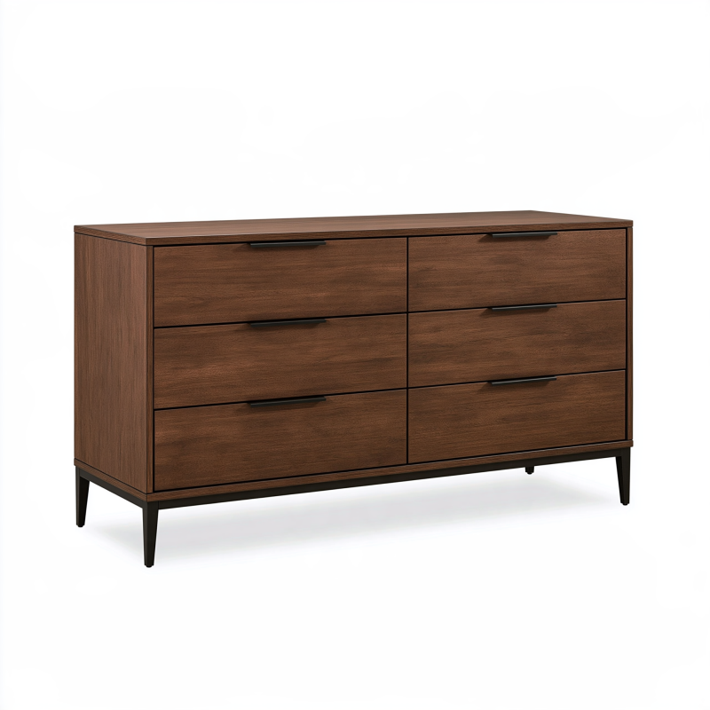Kommode 150 x 45 x 85 cm Holzwerkstoff Walnussbraun mit 6 Schubladen im Mid-Century-Stil