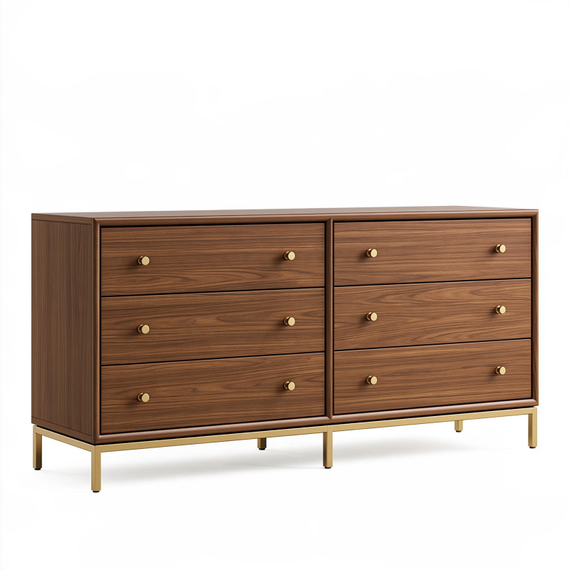Kommode 160 x 45 x 85 cm aus braunem Holz mit 6 Schubladen im Mid-Century-Stil