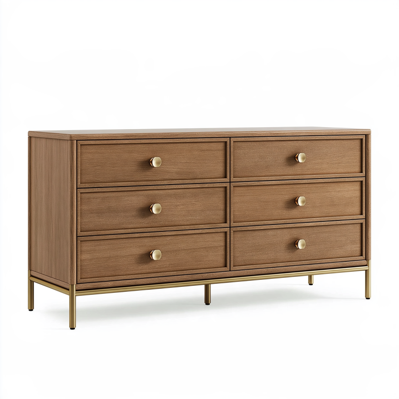 Kommode 140 x 45 x 85 cm in Braun mit 6 Schubladen Metallgestell im Mid Century Stil