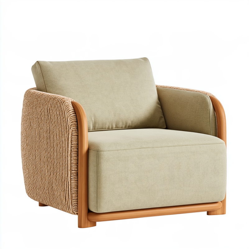 Sessel 80 x 78 x 76 cm mit Textilbezug in Beige und Holzgestell - geflochtenes Design
