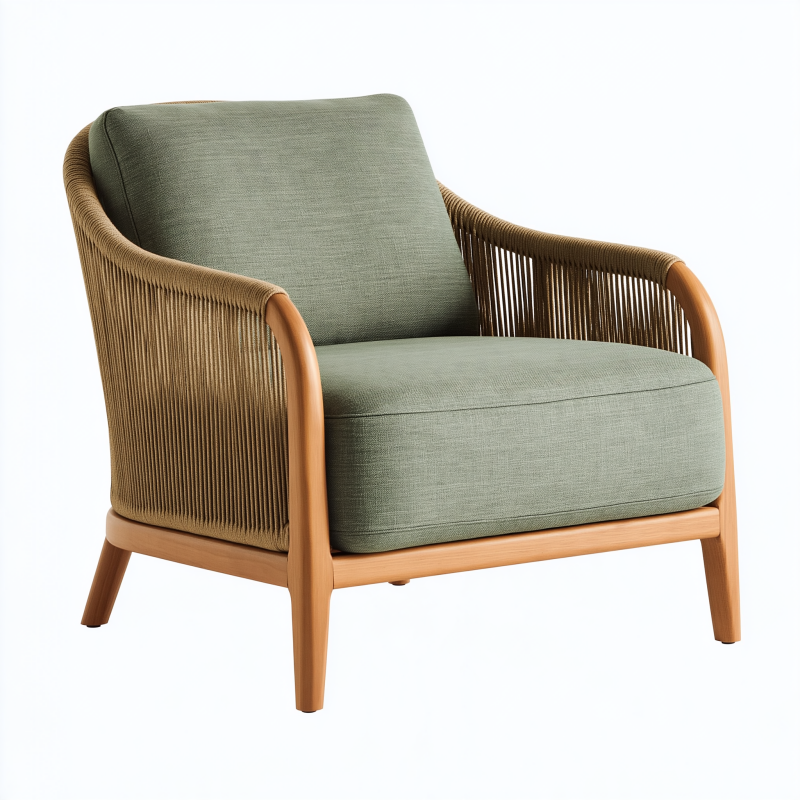 Sessel 78 x 82 x 85 cm mit Holzgestell grünem Stoffbezug und Kordelbespannung