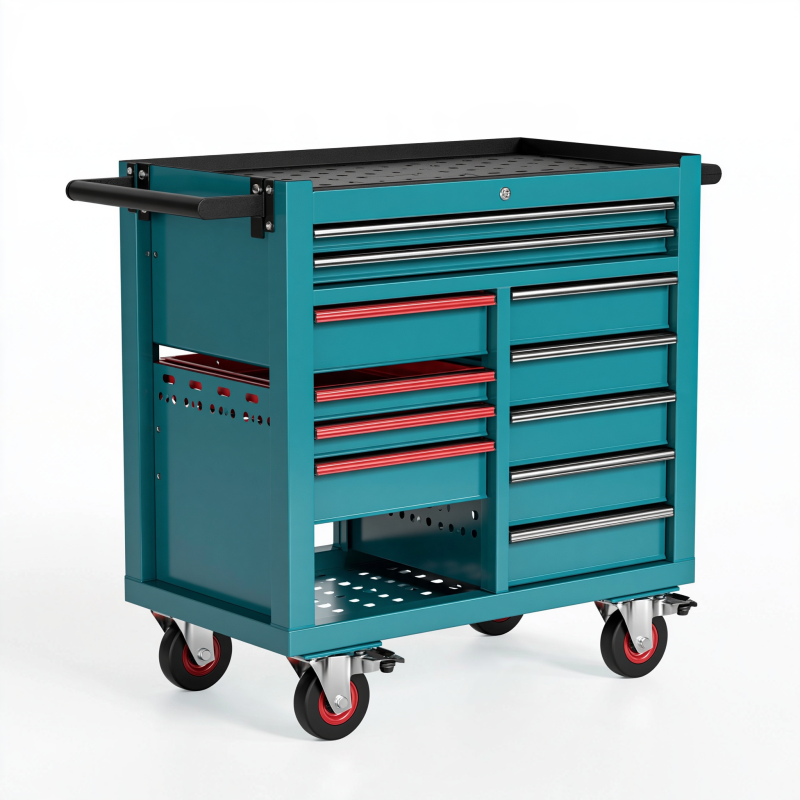 Werkzeugwagen 112 x 51 x 101 cm Stahl Türkis/Schwarz mit 10 Schubladen rollbar