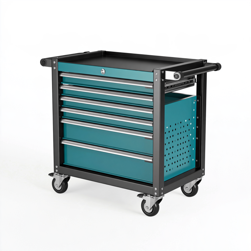 Werkzeugwagen 76 x 46 x 97 cm Stahl Türkis Schwarz mit 7 Schubladen rollbar