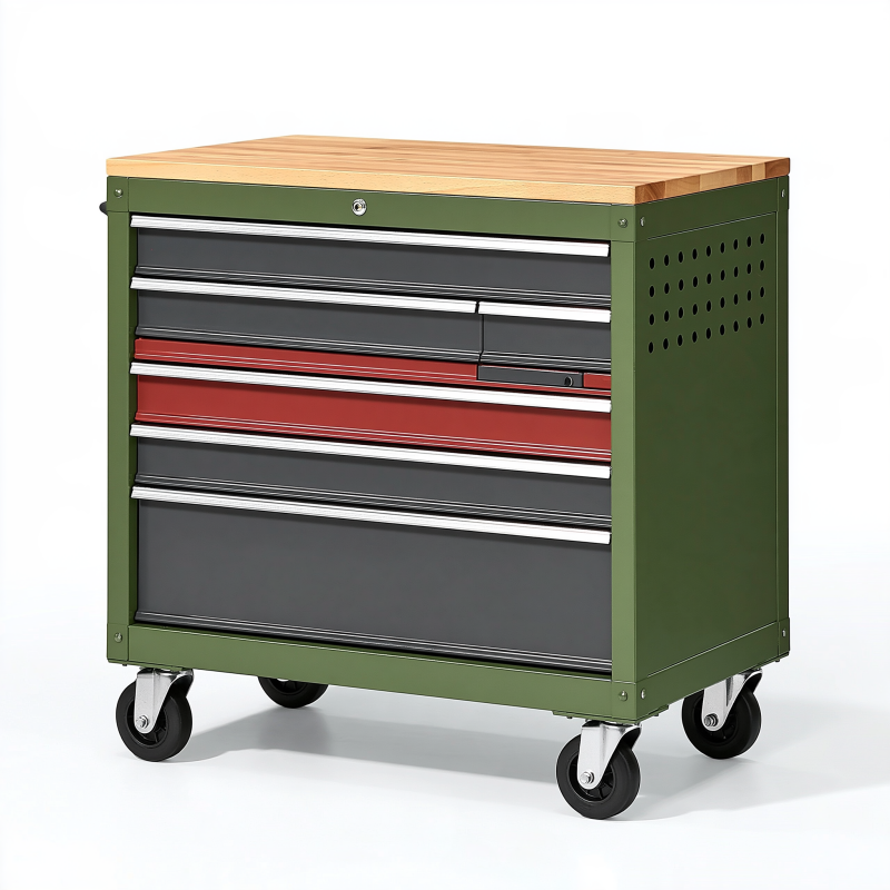 Werkzeugwagen 77 x 46 x 97 cm aus Stahl in Grün mit Holzarbeitsplatte und 7 Schubladen