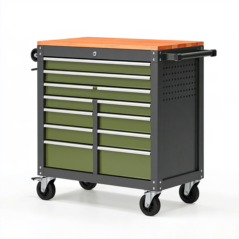 Werkstattwagen 113 x 48 x 96 cm aus Stahl mit Holzarbeitsplatte Schwarz Grün rollbar